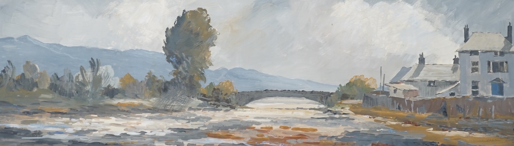 Sydney Vale (1916-1991), oil on board, Bridge over a river, signed, 32 x 100cm. Condition - good